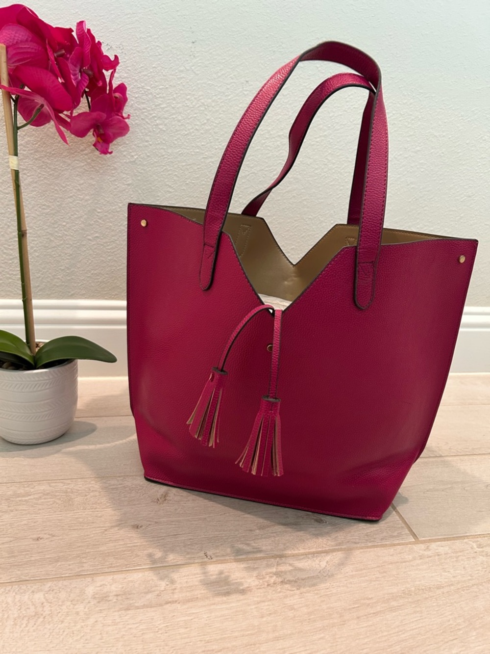 Neiman Marcus Hot Pink Tassel Pebbled Leather Tote